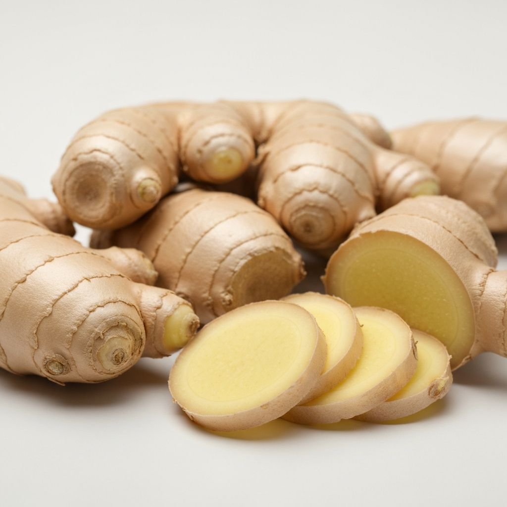 Fresh ginger root and sliced ginger