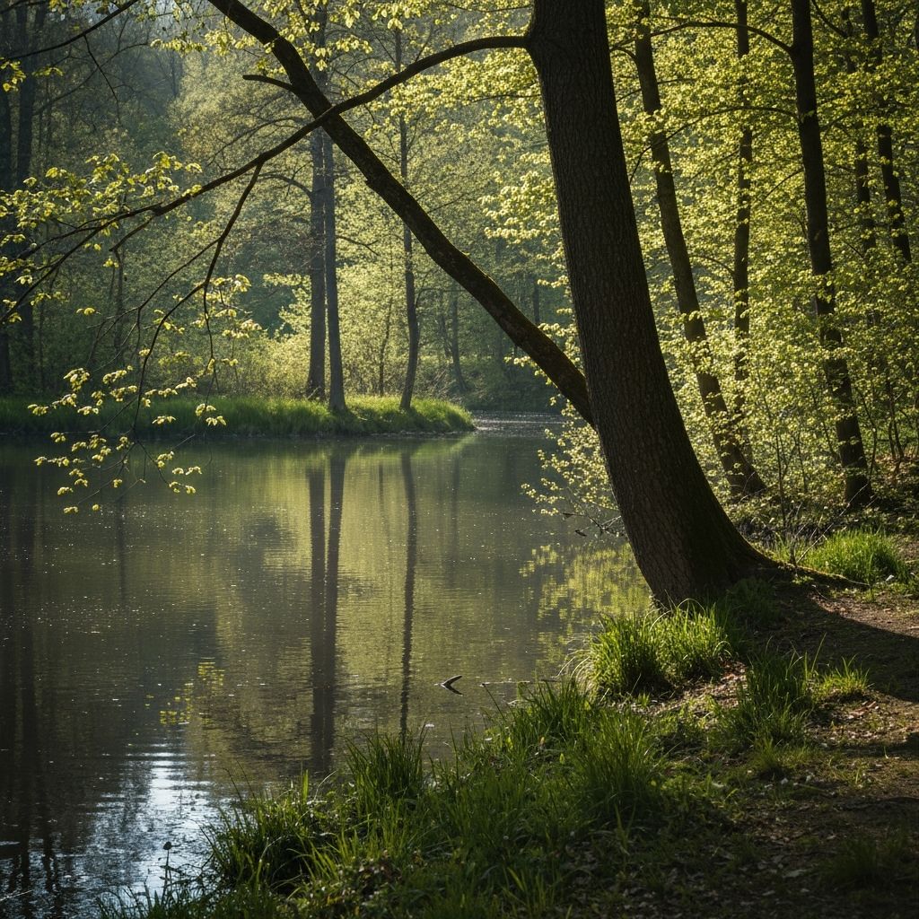 Serene nature scene with calm water and green foliage